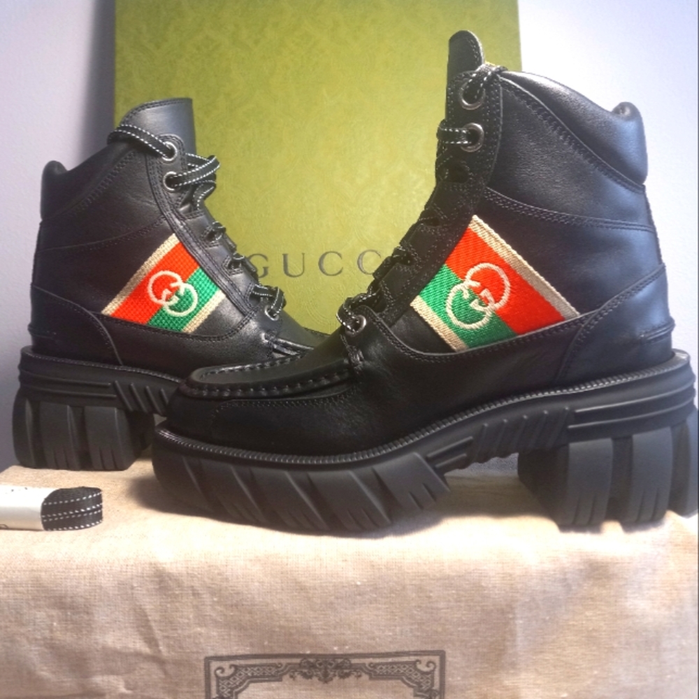 NEW GUCCI ANKLE BOOTS WITH INTERLOCKING GG WEB BLACK LEATHER CHUNKY SOLE SZ 35